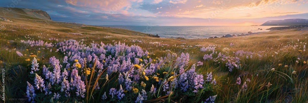 Poster vibrant parrya nudicaulis wildflowers thriving in the coastal tundra under captivating morning light