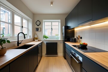 Efficient Kitchen Design with Cozy Dining Nook and Large Bright Window