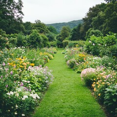 Naklejka premium Lush Garden Path with Blooming Flowers and Green Trees