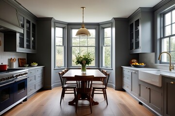 Fototapeta premium Elegant Classic Kitchen with Gray Cabinets and Wooden Dining Table Highlighted by Expansive Bay Window