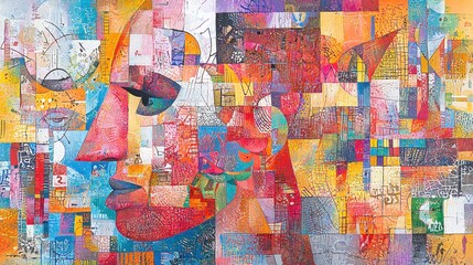 Abstract Colorful Painting with Geometric Shapes and Human Faces