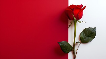 Obraz premium Sprig of a red rose set against a white and red background with space for text.