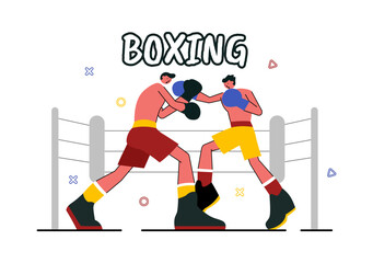 Professional Boxing Sport Vector Illustration Featuring a Boxer Wearing Red Gloves and a Helmet with Scenes of Competing, Sparring, or Practicing