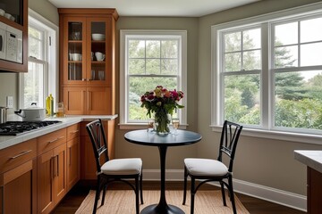 Contemporary Kitchen Design with Bistro Table and Built-in Cabinets Featuring Large Garden Window