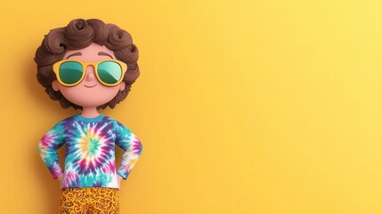 Fototapeta premium A groovy cartoon character with funky sunglasses, a tie-dye shirt, and bell-bottom pants, groovy, cartoon character, retro