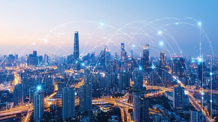 Fototapeta premium Cityscape with Network Connections Digital Technology Urban Infrastructure Modern Architecture