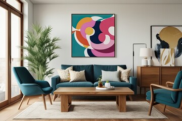 Stylish Mock-Up Artwork in Contemporary Living Space with Oak Table and Modern Decor