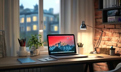 A desk with a laptop, a notebook, a lamp and a tablet.