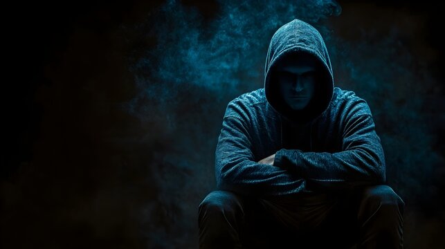 Mysterious hooded figure in dark atmosphere - Solitude and mystery concept.