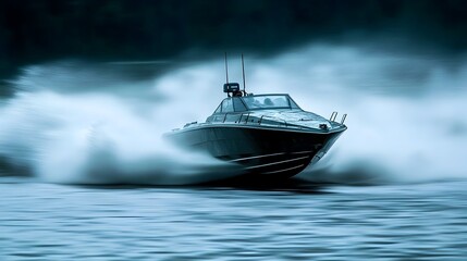 Naklejka premium High Speed Maneuvering Attack Boat Cutting Through Waves with Water Spray and Motion Blur