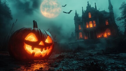 Fototapeta premium Glowing jack-o'-lantern in front of haunted house with full moon