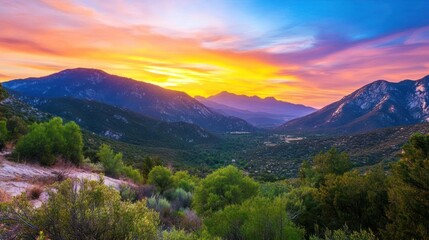 Fototapeta premium A vibrant sunset illuminates the rugged mountains and lush green valley below, casting a warm glow across the landscape.