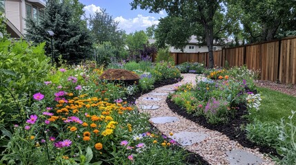 Obraz premium Beautiful Flower Garden Path with Stone Stepping Stones