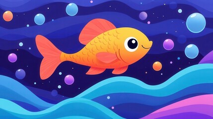 Fototapeta premium A cartoon of a groovy fish swimming in a sea of colorful waves and bubbles, groovy, cartoon fish, ocean