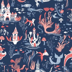 Seamless pattern of underwater kingdoms and mythical sea creatures
