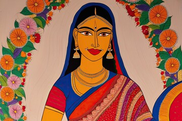 Fototapeta premium Vibrant Traditional Madhubani Art Depicting Woman in Sari with Rich Textures and Floral Elements
