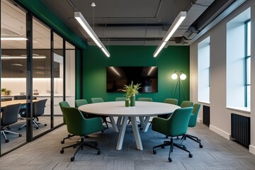 Fototapeta premium Modern Collaborative Office Interior Design in Green and Grey