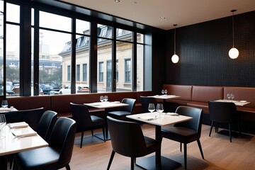 Stylish Bistro Design Featuring Modern Chairs Benches Expansive Windows and Enclosed Dining Space