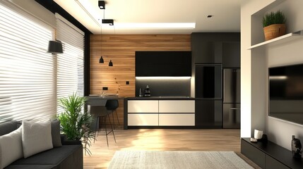 Fototapeta premium Modern Kitchen and Living Room Interior Design