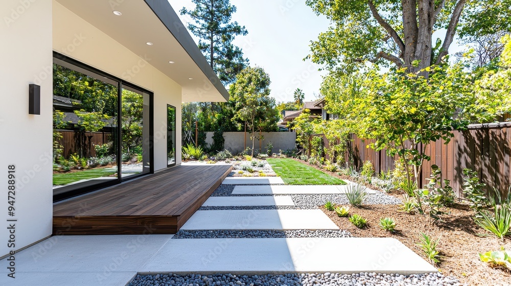 Poster Modern Home Exterior with Stone Patio and Green Landscaping