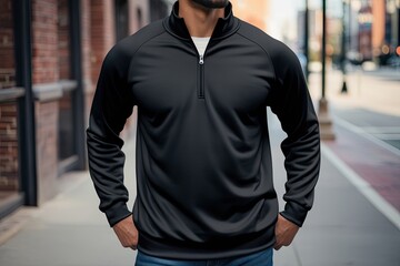 Fototapeta premium Versatile Black Quarter Zip Baseball Sweater Mockup for Casual and Activewear