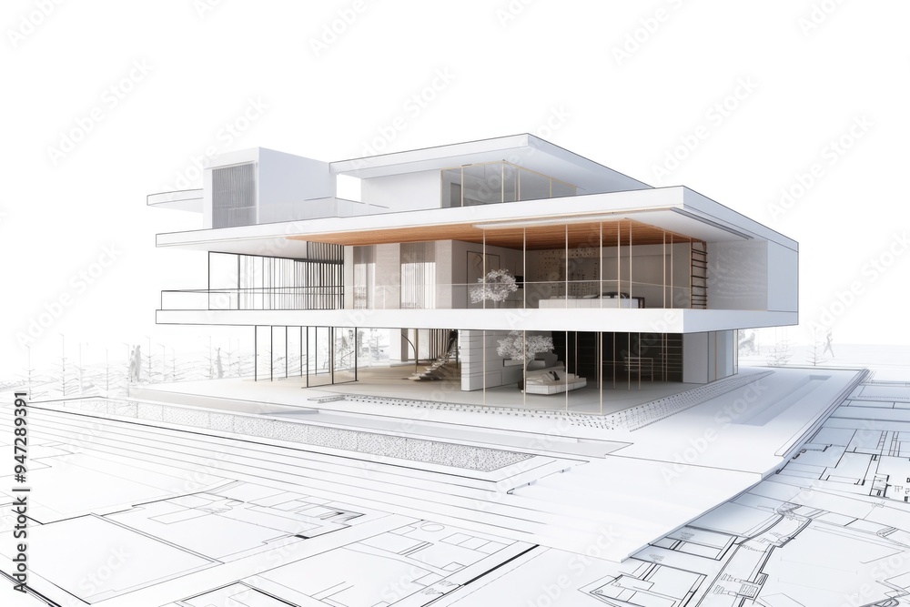 Poster a simple illustration of a house design on a blueprints background