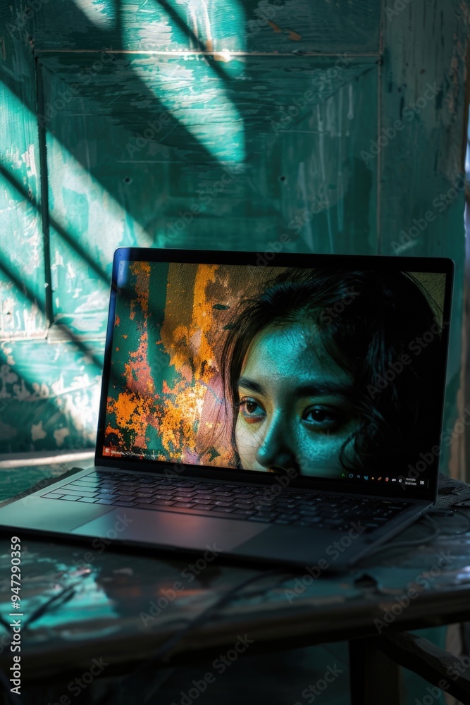 Poster a laptop computer placed on a wooden table