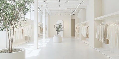 Fototapeta premium Minimalist White Interior Design Showroom with Plant and Clothes on Hangers