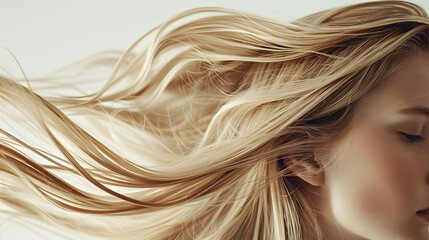 Naklejka premium Close-Up Portrait of Woman with Windswept Blonde Hair