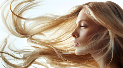 Close-Up Portrait of Woman with Windswept Blonde Hair