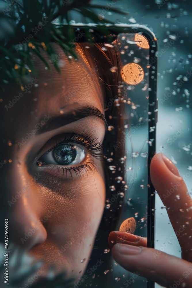 Poster close-up of a person holding a cell phone with a focused expression