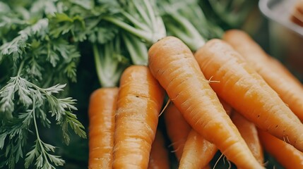 A vibrant and detailed close up photograph showcasing freshly harvested carrots with their crisp bright orange bodies and lush leafy tops against a natural background