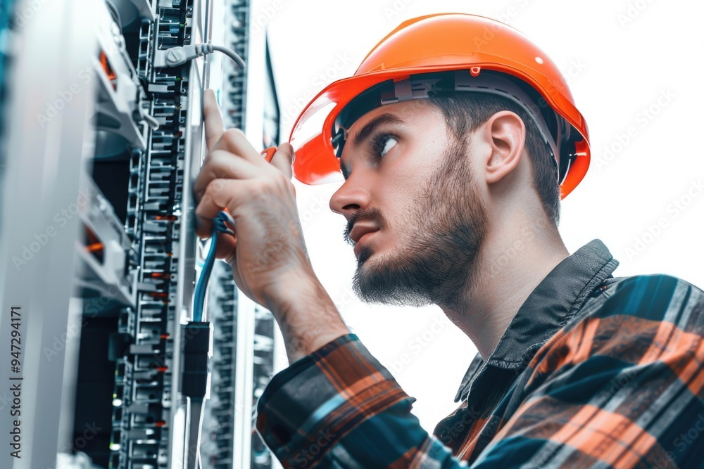 Poster a man in a hard hat works on an electrical panel, focused on the task