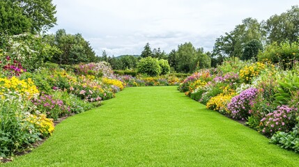 Obraz premium Lush Green Lawn with Colorful Flower Beds in a Garden