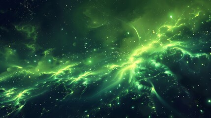 Abstract green lights illuminating a cosmic space scene.