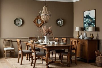 Charming Vintage Oak Dining Table Set with Tableware in Warm Taupe Interior Design