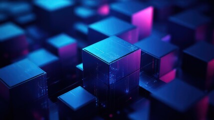 A digital world with cubed shapes composed of blue and pink blocks,
