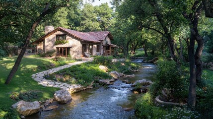 Fototapeta premium Stone Cottage by a Flowing Stream in a Lush Forest