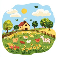 Fototapeta premium Cartoon Farm Animals Illustration with Country House Green Grass and Flowers