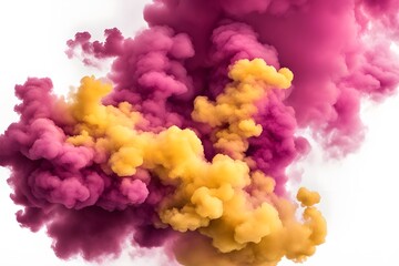 Fototapeta premium Bright yellow and magenta smoke clouds merging together creating a lively effect on a white background, AI Generated 