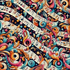 Naklejka premium Colorful musical notes pattern on sheet music 
