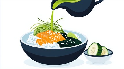 Traditional Japanese Ochazuke Set with Green Tea, Grilled Salmon, Seaweed, Sesame Seeds, Pickles, and Sliced Radish - Authentic Asian Cuisine Illustration, Perfect for Food Blogs and Culinary Websites