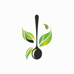 healthy food logo design with spoon and leaf elements, isolated on white background