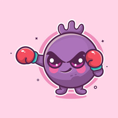 funny blueberry fruit character mascot playing boxing sport isolated cartoon in flat design