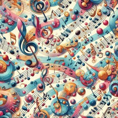 Naklejka premium Colorful musical notes pattern on sheet music 