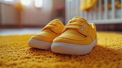 Close-Up of Yellow Children's Shoes on Floor in Child's Room, Blurred Background with Natural Lighting, Warm Colors, Soft Tones, High-Resolution Photography