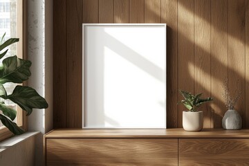 Poster Frame Mockup on Wooden Interior Background created with Generative AI