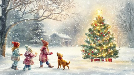 Naklejka premium Children and dog joyfully approach a brightly lit Christmas tree in a snowy winter landscape, capturing festive holiday spirit.