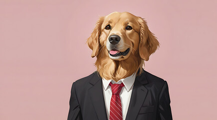A friendly golden retriever dog wearing formal business suit workplace studio shot on plain color wall, loyal corporate,  pet dog concept
