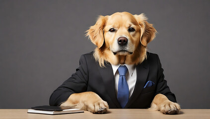 A friendly golden retriever dog wearing formal business suit workplace studio shot on plain color wall, loyal corporate,  pet dog concept
